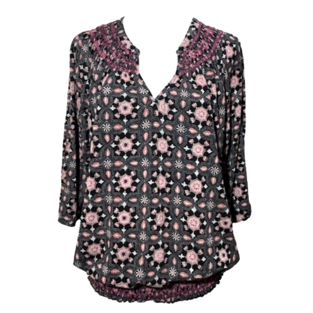 Lucky Brand Circle Diamond Smocked Blouse Women's Size Large Stretch Knit Boho